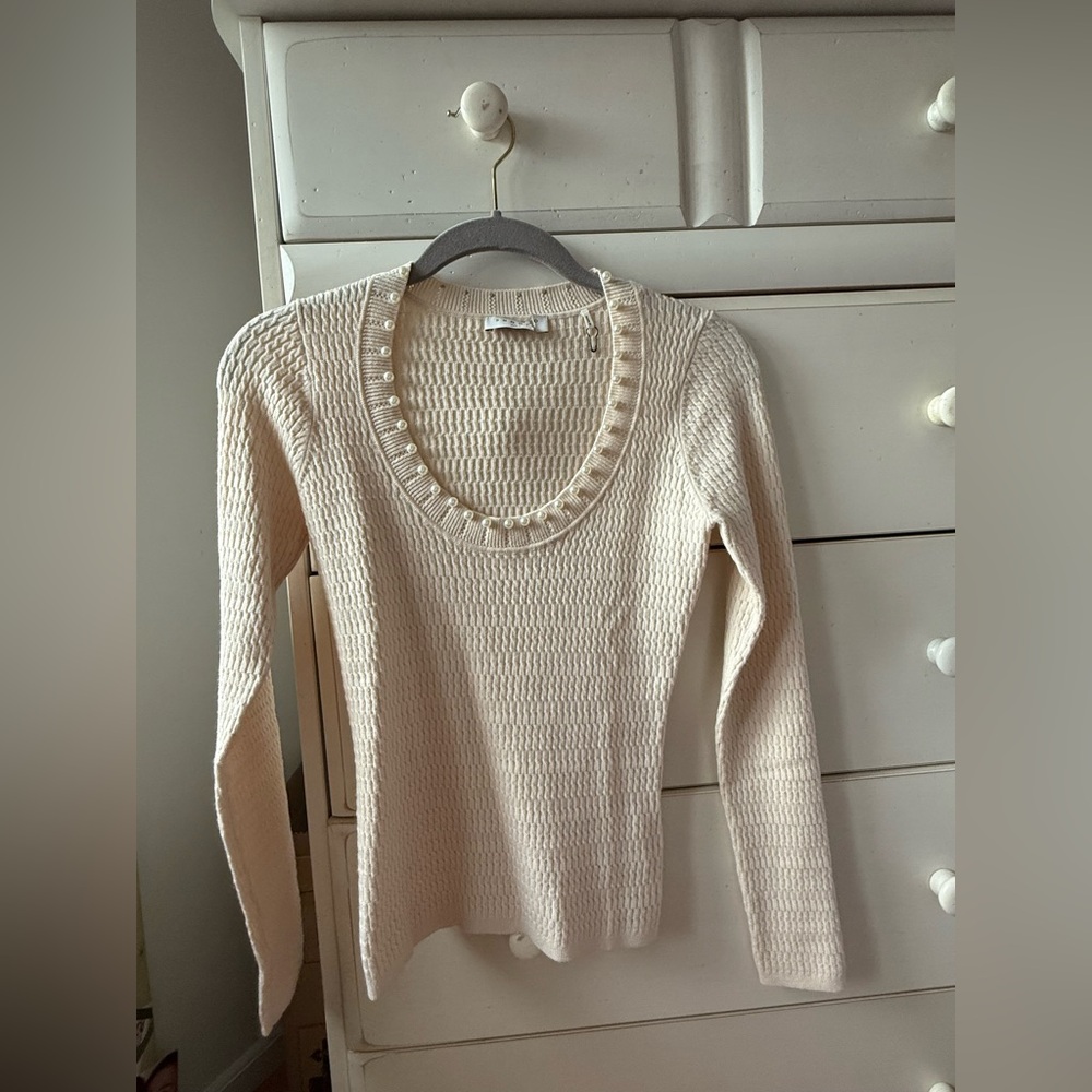 Sandro Cream Crew Neck Sweater with Pearl Trim